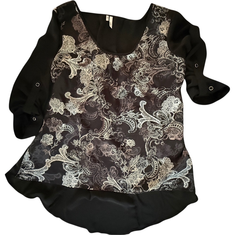 Studio Y Black Paisley Print Chiffon Blouse Womens Large Roll Tab Sleeve Top